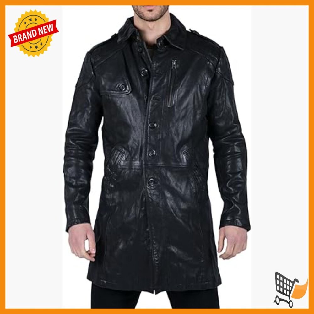 Genuine Leather Trench Coat, Fitted Long Sleeve, Button Front, Casual Style